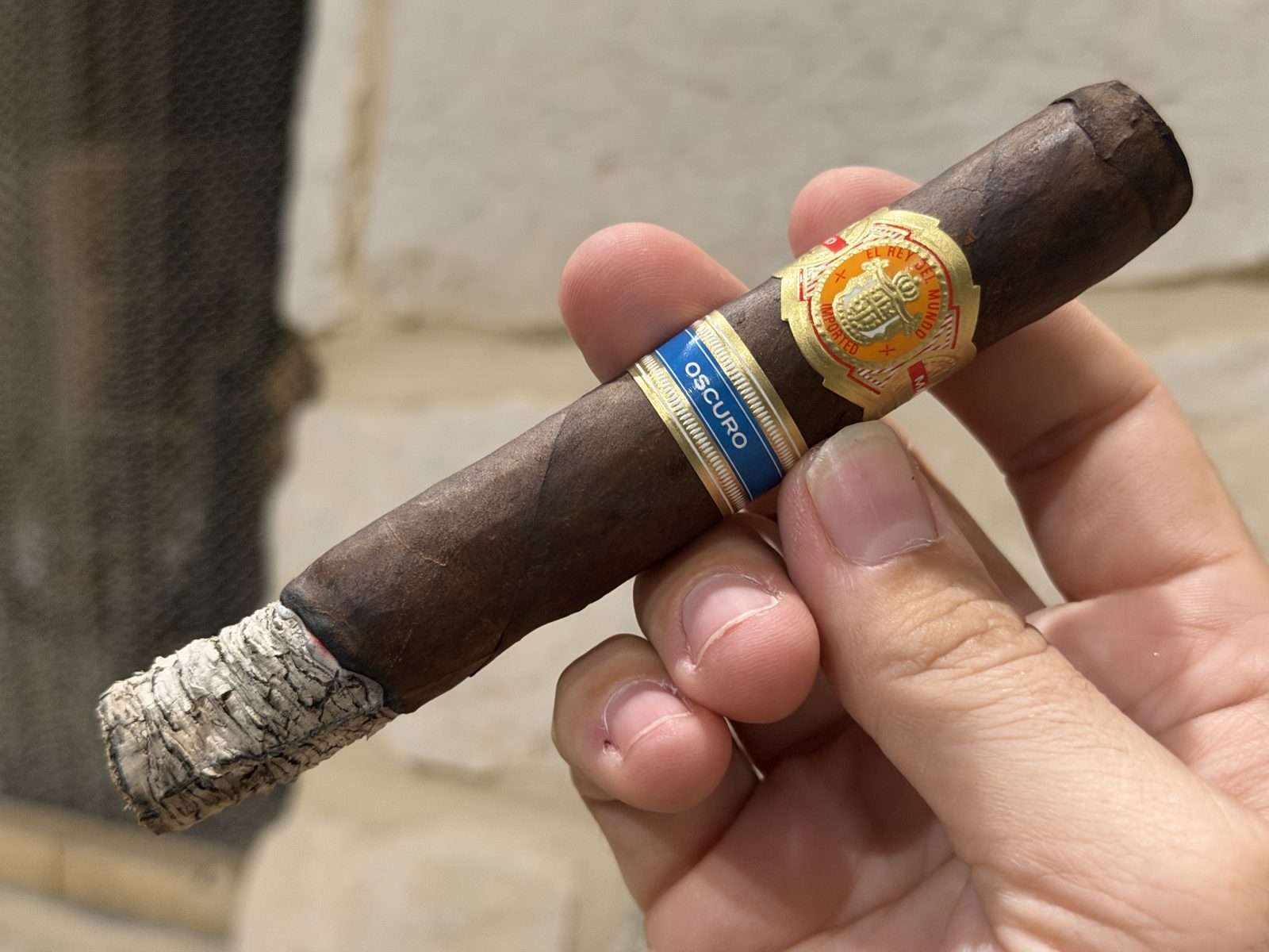 El Rey del Mundo Oscuro Robusto Larga near the end of the first third with a light gray ash stack and a wavy burn line, held in hand in front of a stone fireplace