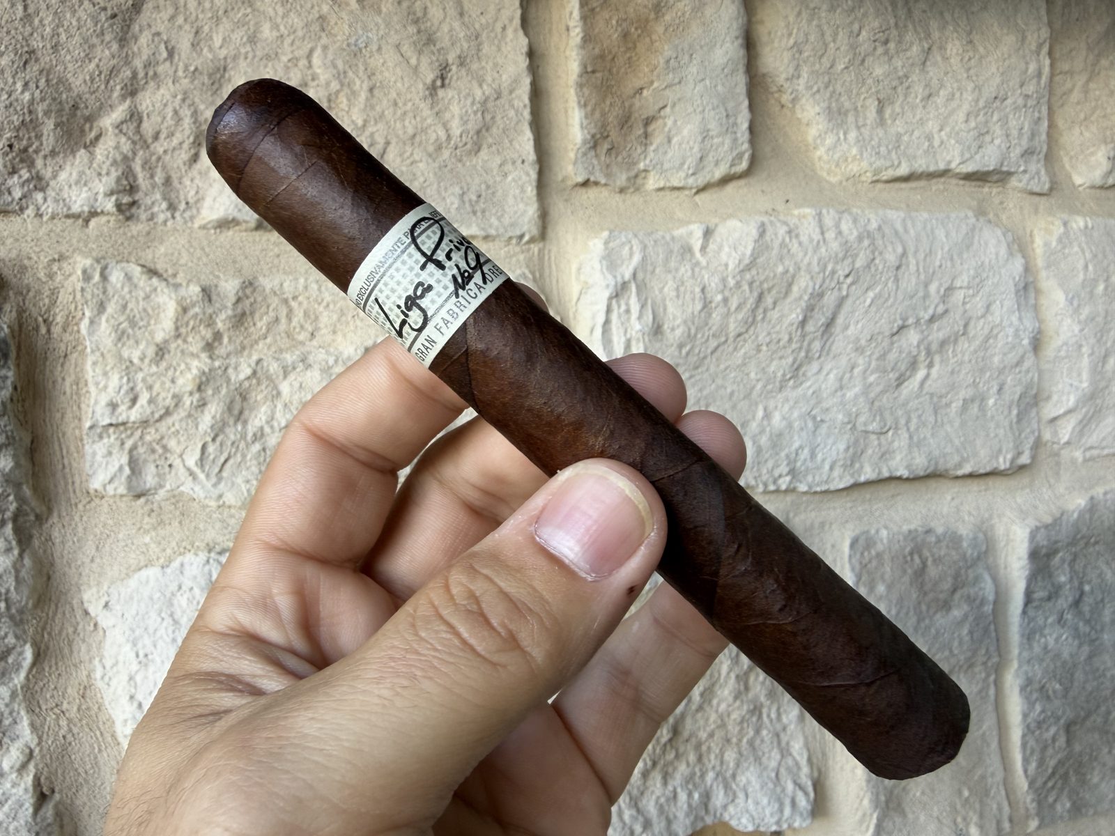 Unlit Liga Privada No. 9 Toro held in hand against a stone wall, very dark rustic wrapper with visible veining and the black and white Liga Privada band